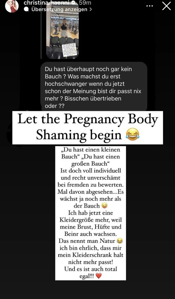 Christina Hänni sieht sich mit Bodyshaming in der Schwangerschaft konfrontiert. Auf Instagram hat sie eine unschöne Nachricht erhalten