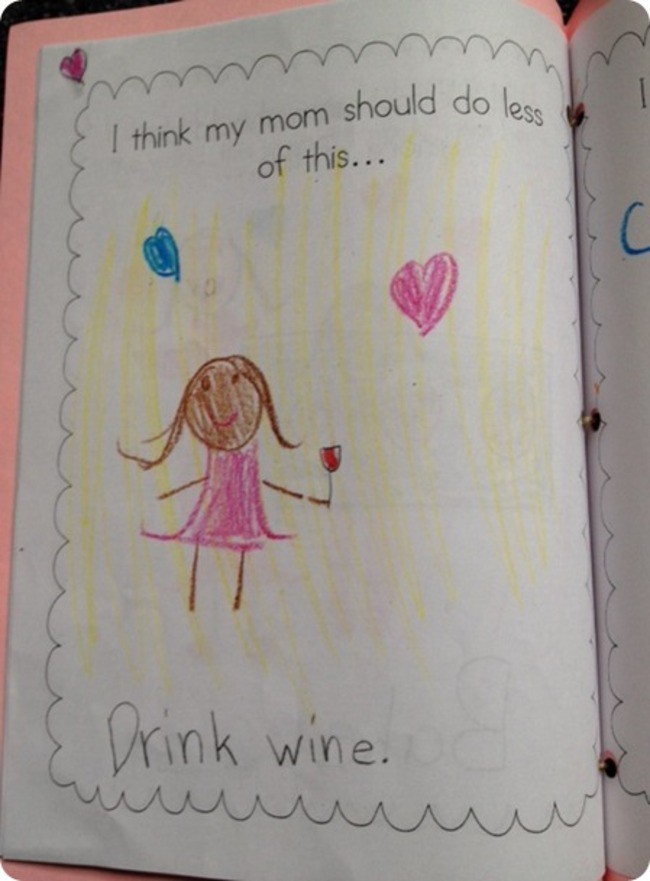 Die Zeichnung des Kindes zeigt die Mama mit Wein
