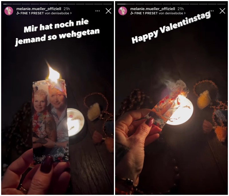 Man sieht einen Instagram Screenshot von Melanie Müller, auf dem sie ein Foto ihres Ex-Mannes verbrennt