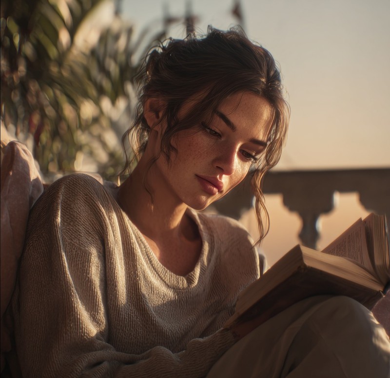 Eine Frau sitzt entspannt auf einem Balkon bei Sonnenaufgang, liest ein Buch, umgeben von Pflanzen, mit friedlichem Gesichtsausdruck.