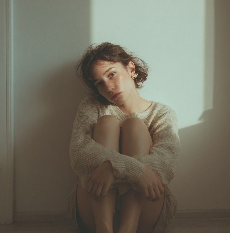 Eine Frau sitzt nachdenklich auf dem Boden, den Blick leicht gesenkt, ihre Haltung wirkt ruhig, aber innerlich in Gedanken vertieft.