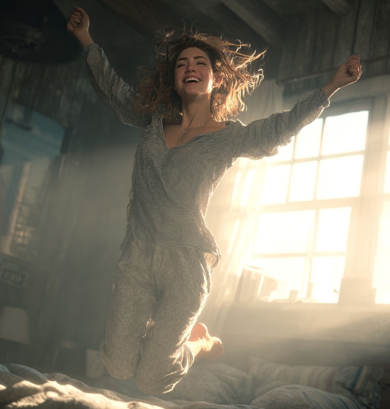 Eine Frau springt fröhlich aus dem Bett, lächelt glücklich im Morgenlicht und hat pure Energie und Freude.