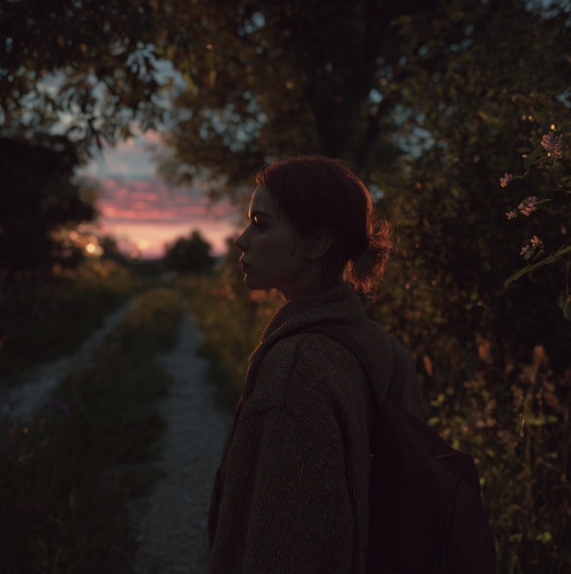 Eine Frau steht draußen und ist umgeben von der Natur.