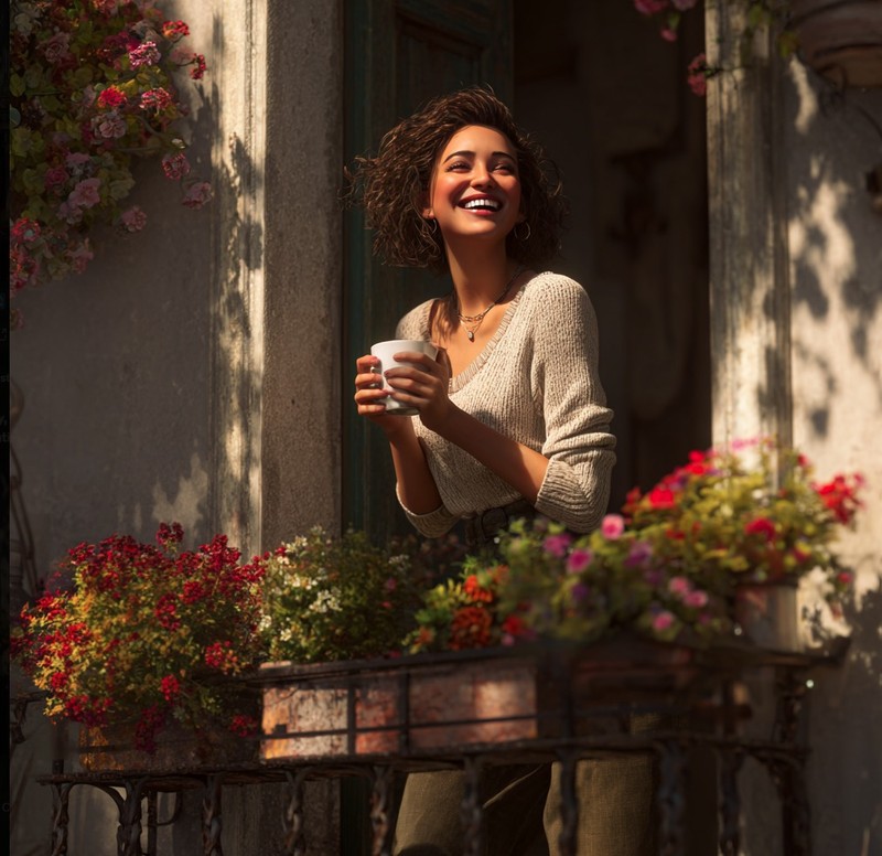 Eine Frau steht glücklich auf ihrem Balkon voller Blumen.