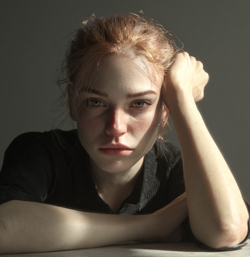 Eine nachdenkliche Frau sitzt am Tisch der Kopf ist leicht gesenkt und sie ist traurig.