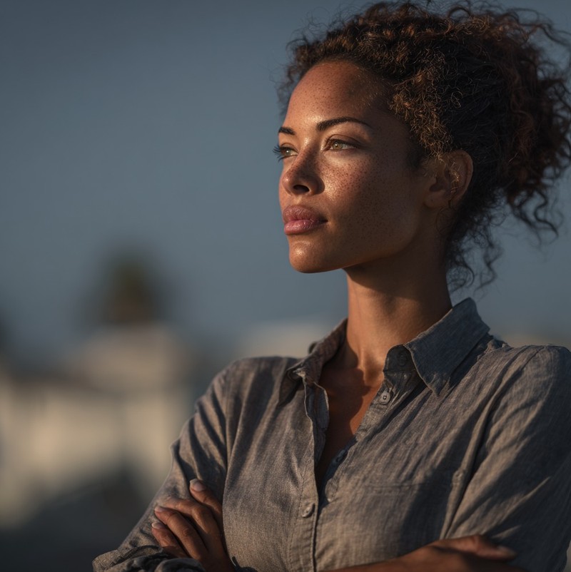 Eine selbstbewusste Frau steht draußen, in natürlichem Licht und Entschlossenheit und positive Energie aus.