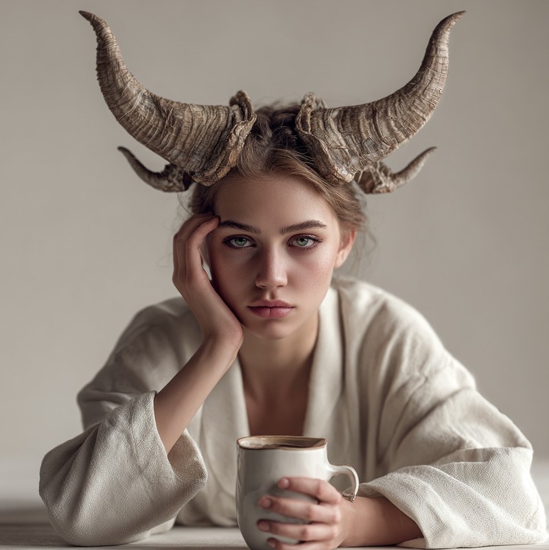 Frau mit Stierohren ist müde und hat einen Kaffee in der Hand.