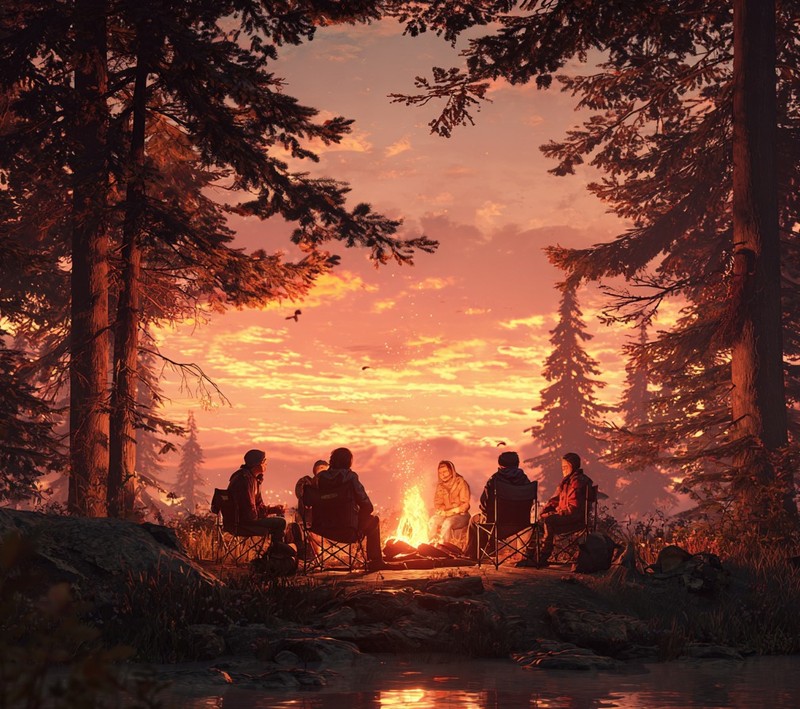 Freunde unterhalten sich gemeinsam am Lagerfeuer, während die Sonne untergeht.