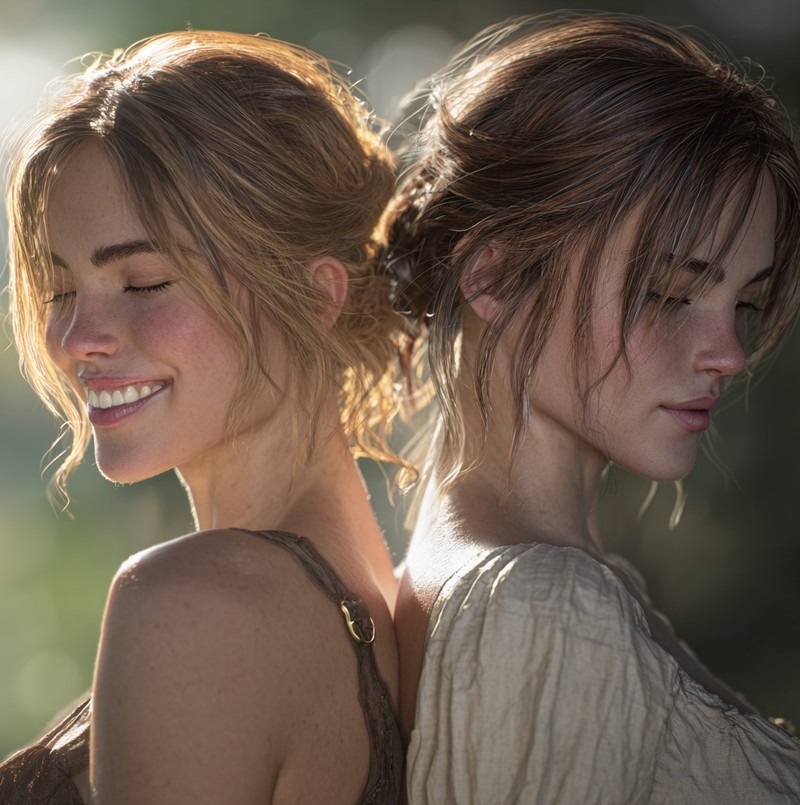 Zwei Frauen stehen Rücken an Rücken: die eine strahlt, die andere hat einen genervten Gesichtsausdruck.